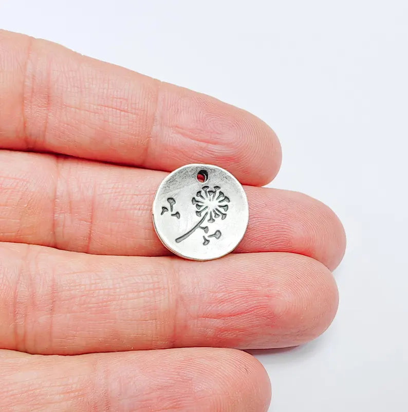 2 Dandelion Charm, Small Round Pendant, Boho Nature Necklace, DIY Jewelry Making, Minimalist Gift, Antique Silver Plated 17mm G36950
