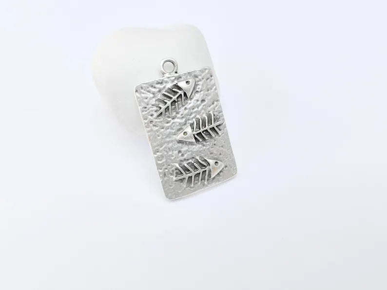 Fishbone Charm, Fish Skeleton Pendant, Ocean Boho Nautical Necklace, Marine Life Statement Piece, Antique Silver Plated 43x26mm G36951