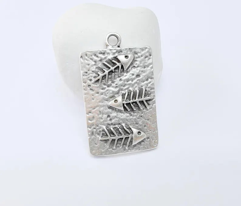 Fishbone Charm, Fish Skeleton Pendant, Ocean Boho Nautical Necklace, Marine Life Statement Piece, Antique Silver Plated 43x26mm G36951