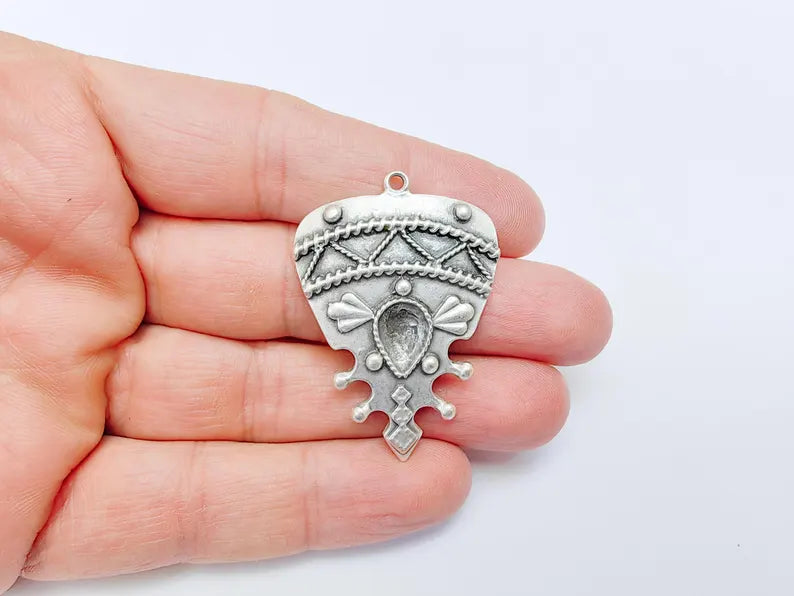 Tribal Pendant, Ethnic Boho Charm, Rustic Statement Necklace, Vintage Bohemian Craft Supply Antique Silver Plated 48x34mm G36954