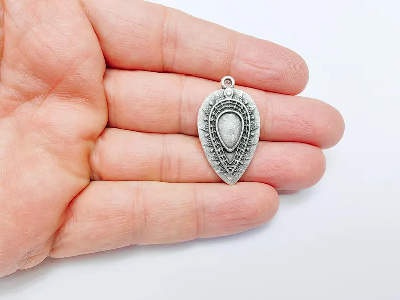 Teardrop Bezel Pendant, Tribal Cabochon Setting, Boho Jewelry Making Supplies, Blank Tray Charm, Antique Silver Plated 34x20mm G36956