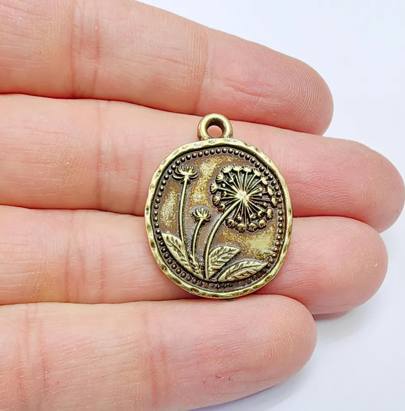 Dandelion Charms, Bronze Flower Charms, Boho Charms, Earring Charms, Bronze Pendant, Necklace Parts, Antique Bronze Plated 28x23mm G36957