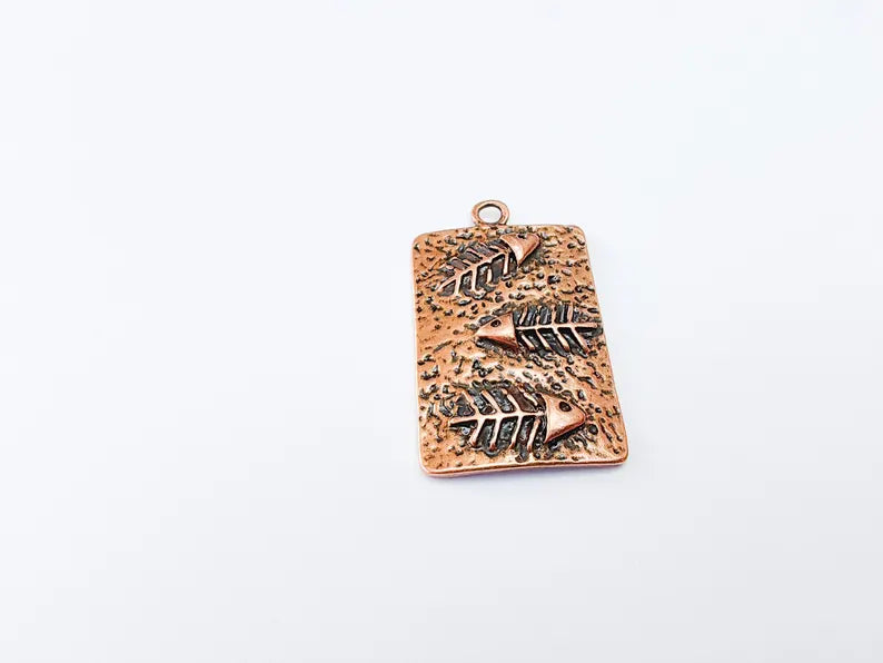 Fishbone Charm, Fish Skeleton Pendant, Ocean Boho Nautical Necklace, Marine Life Statement Piece, Antique Copper Plated 43x26mm G36958
