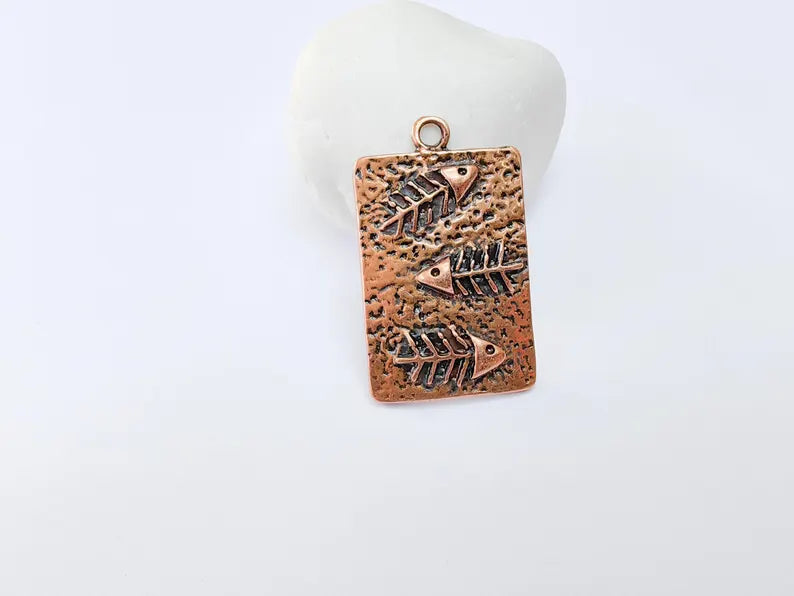 Fishbone Charm, Fish Skeleton Pendant, Ocean Boho Nautical Necklace, Marine Life Statement Piece, Antique Copper Plated 43x26mm G36958