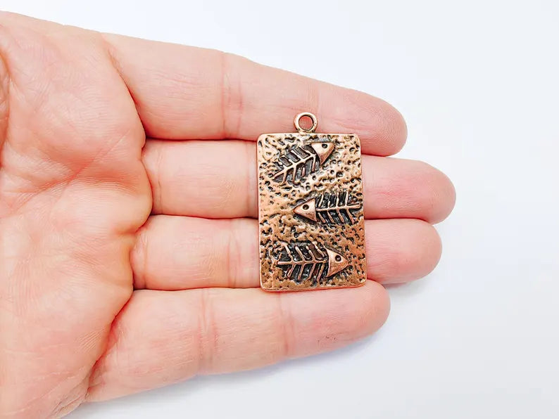 Fishbone Charm, Fish Skeleton Pendant, Ocean Boho Nautical Necklace, Marine Life Statement Piece, Antique Copper Plated 43x26mm G36958