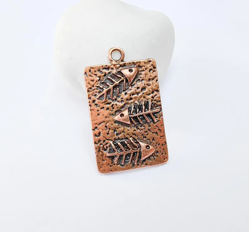 Fishbone Charm, Fish Skeleton Pendant, Ocean Boho Nautical Necklace, Marine Life Statement Piece, Antique Copper Plated 43x26mm G36958