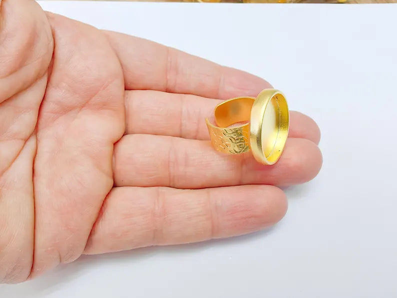 Gold Ring Base Blank Setting Cabochon Base inlay Ring Backs Mounting Adjustable Ring Base Bezel (22mm blank) Gold Plated Metal G36959
