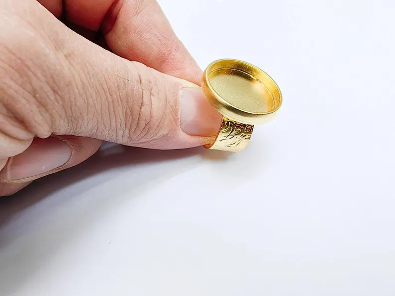 Gold Ring Base Blank Setting Cabochon Base inlay Ring Backs Mounting Adjustable Ring Base Bezel (22mm blank) Gold Plated Metal G36959