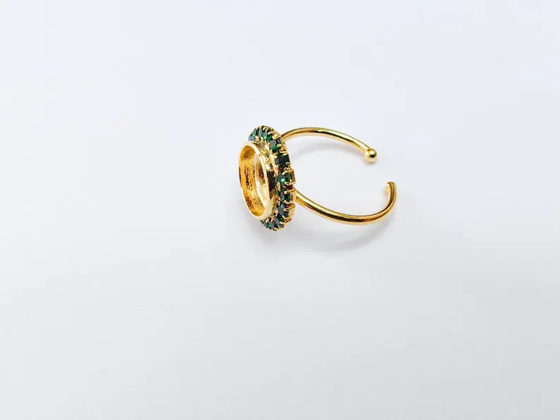 Ring Blank with Green Crystals, Ring Bezel Setting Cabochon Resin Mounting Shiny Gold Plated Brass Adjustable Ring Base (10mm bezel) G36960