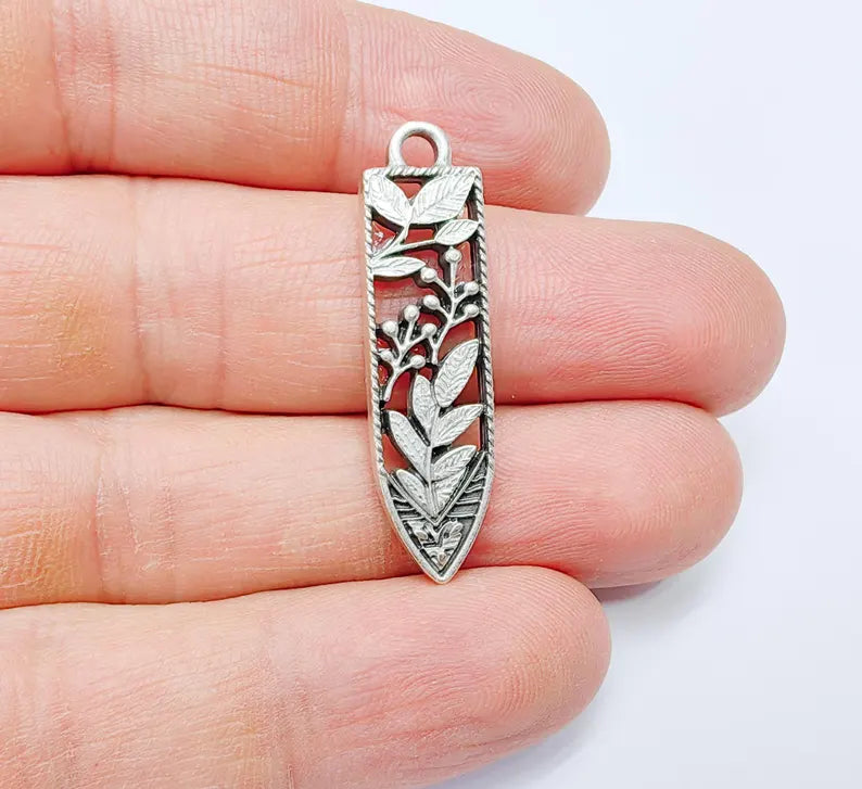 2 Leafy Flower Fruit Charms, Earring Charms, Necklace Parts, Floral Charm for Nature Inspired Jewelry, Antique Silver Plated 37x10mm G36804