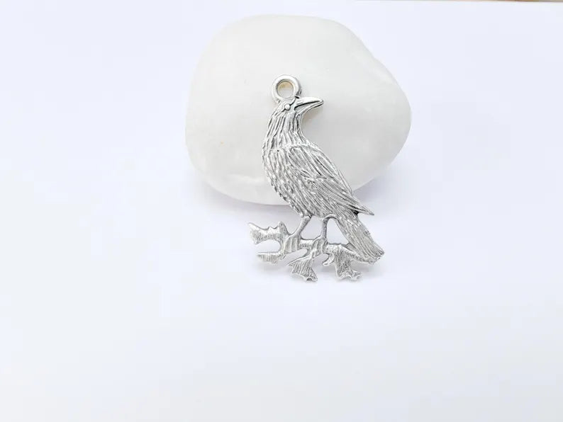 Raven Charm Pendant, Gothic Boho Charm, Nature Earring Charm, Mystical Bird, Necklace Parts, Antique Silver Plated 39x25mm G37008