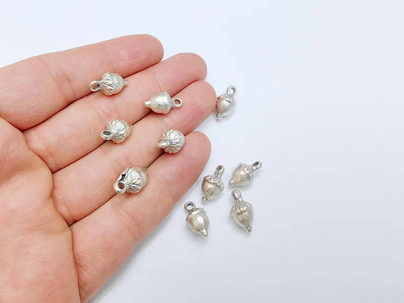 2 Acorn Charms, Small Woodland Nature Pendants for DIY Jewelry Making, Rustic Fall Beads, Nut Charms Antique Silver Plated Zamac 16x8mm G37009