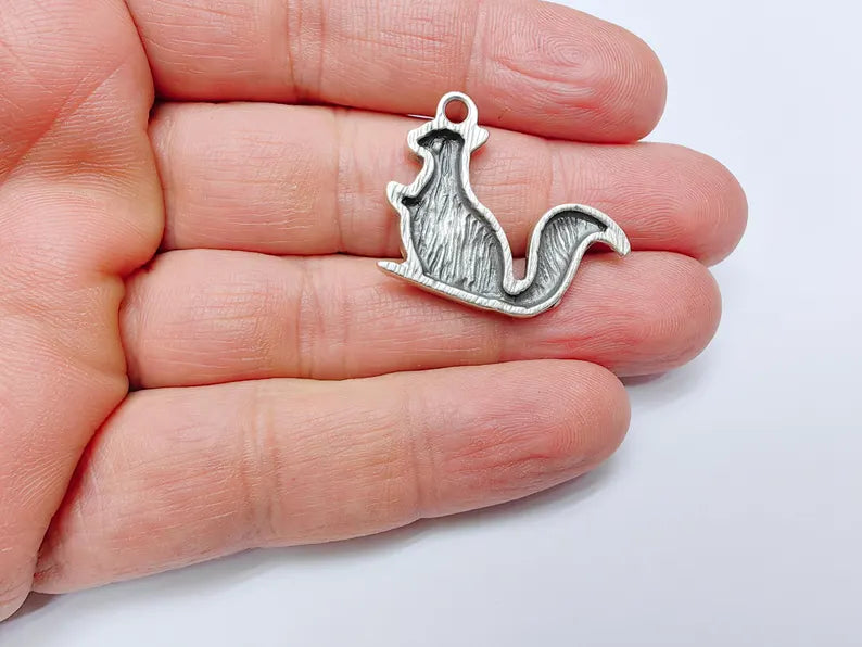 Squirrel Charm, Woodland Animal Pendant, Nature-Inspired Jewelry Making Supply, Cute Handmade Craft, Antique Silver Plated 32x24mm G37010