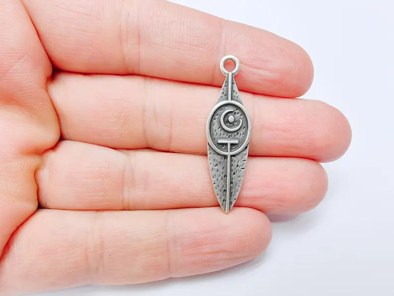 Tribal Moon Crescent Charm, Bohemian Celestial Pendant, Ethnic Jewelry Supplies, Handmade Lunar, Antique Silver Plated 40x11mm G37011