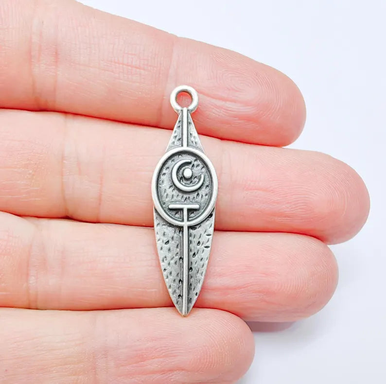 Tribal Moon Crescent Charm, Bohemian Celestial Pendant, Ethnic Jewelry Supplies, Handmade Lunar, Antique Silver Plated 40x11mm G37011