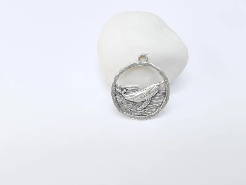 Whale Pendant, Ocean Wave Charm, Nautical Jewelry Findings, Marine Animal Jewelry Supply, Sea Pendant, Antique Silver Plated 33x29mm G37012