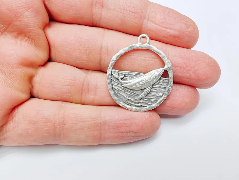 Whale Pendant, Ocean Wave Charm, Nautical Jewelry Findings, Marine Animal Jewelry Supply, Sea Pendant, Antique Silver Plated 33x29mm G37012