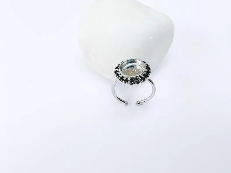 Ring Blank with Black Crystals, Ring Bezel Setting Cabochon Resin Mounting Shiny Silver Base Rhodium Plated Brass Adjustable (10mm) G36961