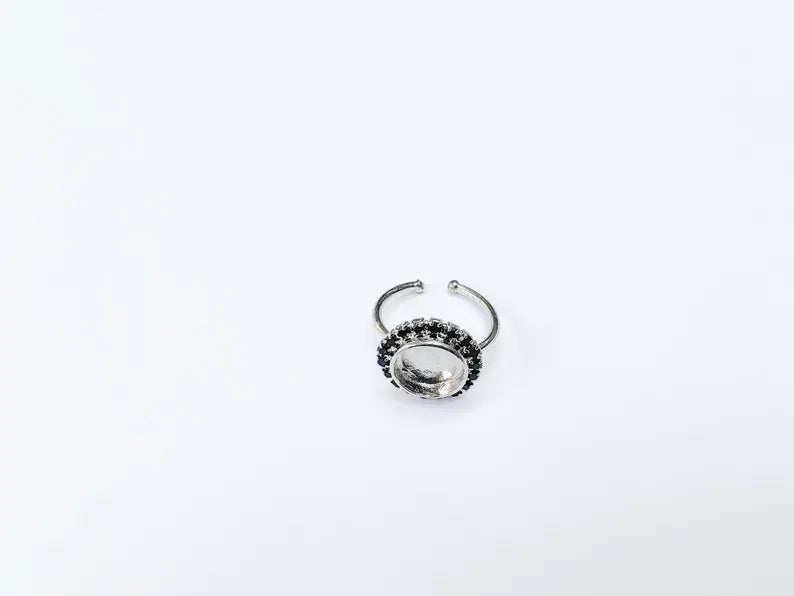 Ring Blank with Black Crystals, Ring Bezel Setting Cabochon Resin Mounting Shiny Silver Base Rhodium Plated Brass Adjustable (10mm) G36961