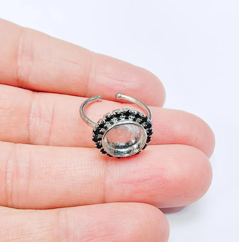 Ring Blank with Black Crystals, Ring Bezel Setting Cabochon Resin Mounting Shiny Silver Base Rhodium Plated Brass Adjustable (10mm) G36961