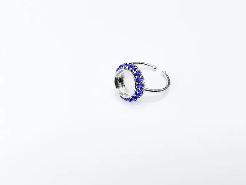 Ring Blank Navy Blue Crystals, Ring Bezel Setting Cabochon Resin Mounting Shiny Silver Base Rhodium Plated Brass Adjustable (10mm) G36964