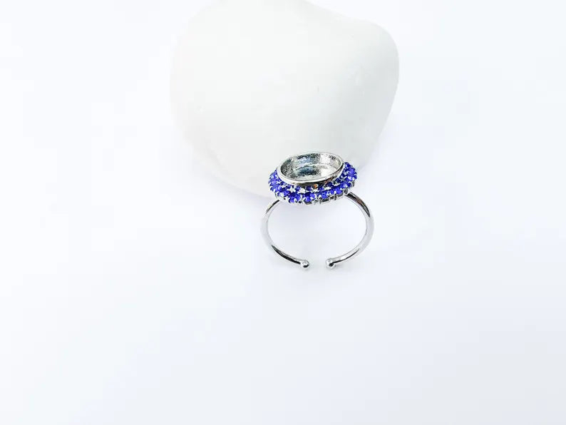 Ring Blank Navy Blue Crystals, Ring Bezel Setting Cabochon Resin Mounting Shiny Silver Base Rhodium Plated Brass Adjustable (10mm) G36964
