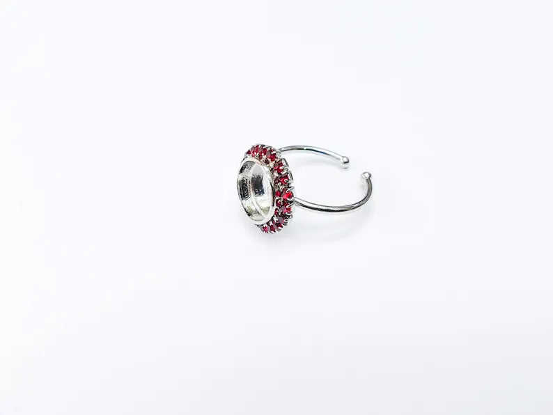 Ring Blank Red Crystals, Ring Bezel Setting Cabochon Resin Mounting Shiny Silver Base Rhodium Plated Brass Adjustable (10mm) G36969