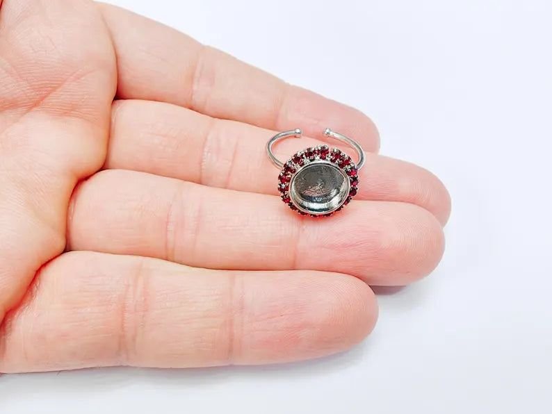 Ring Blank Red Crystals, Ring Bezel Setting Cabochon Resin Mounting Shiny Silver Base Rhodium Plated Brass Adjustable (10mm) G36969