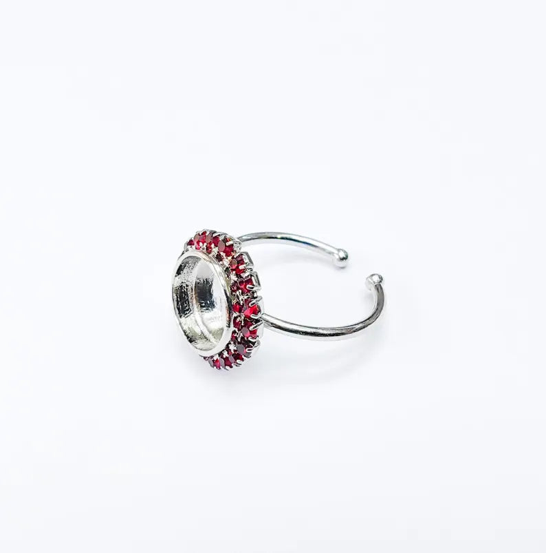 Ring Blank Red Crystals, Ring Bezel Setting Cabochon Resin Mounting Shiny Silver Base Rhodium Plated Brass Adjustable (10mm) G36969