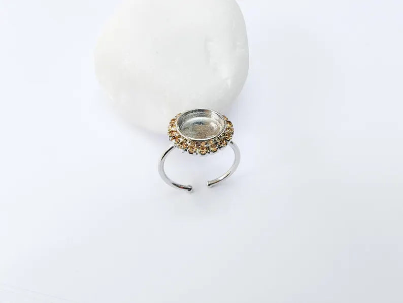 Ring Blank Honey Color Crystals, Ring Bezel Setting Cabochon Resin Mounting Shiny Silver Base Rhodium Plated Brass Adjustable (10mm) G36970