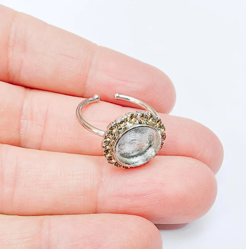 Ring Blank Honey Color Crystals, Ring Bezel Setting Cabochon Resin Mounting Shiny Silver Base Rhodium Plated Brass Adjustable (10mm) G36970