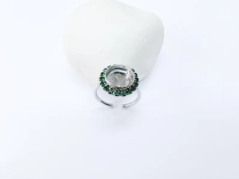 Ring Blank Green Crystals, Ring Bezel Setting Cabochon Resin Mounting Shiny Silver Base Rhodium Plated Brass Adjustable (10mm) G36974