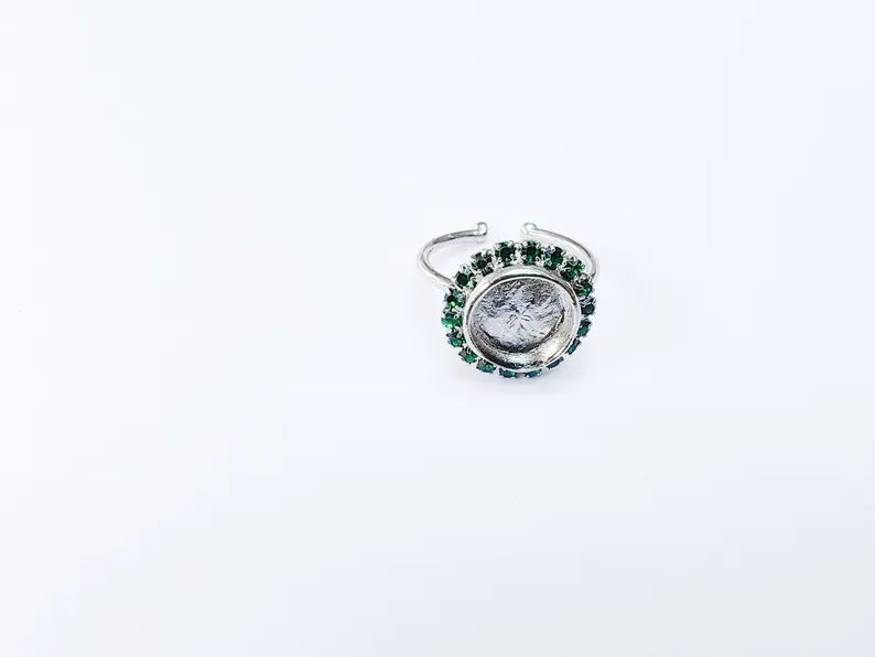 Ring Blank Green Crystals, Ring Bezel Setting Cabochon Resin Mounting Shiny Silver Base Rhodium Plated Brass Adjustable (10mm) G36974