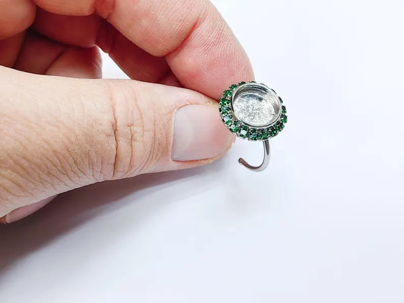 Ring Blank Green Crystals, Ring Bezel Setting Cabochon Resin Mounting Shiny Silver Base Rhodium Plated Brass Adjustable (10mm) G36974