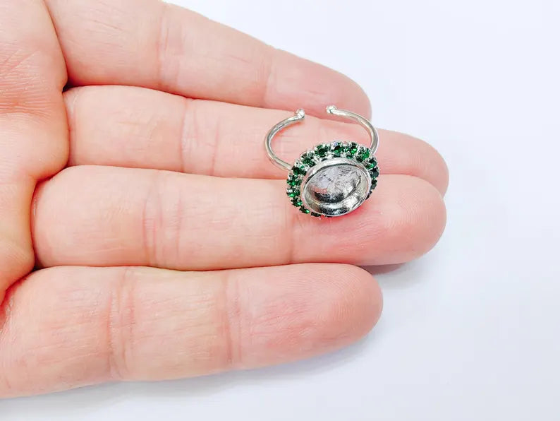 Ring Blank Green Crystals, Ring Bezel Setting Cabochon Resin Mounting Shiny Silver Base Rhodium Plated Brass Adjustable (10mm) G36974