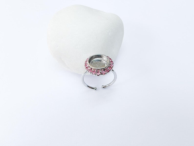 Ring Blank Pink Crystals, Ring Bezel Setting Cabochon Resin Mounting Shiny Silver Base Rhodium Plated Brass Adjustable (10mm) G36978