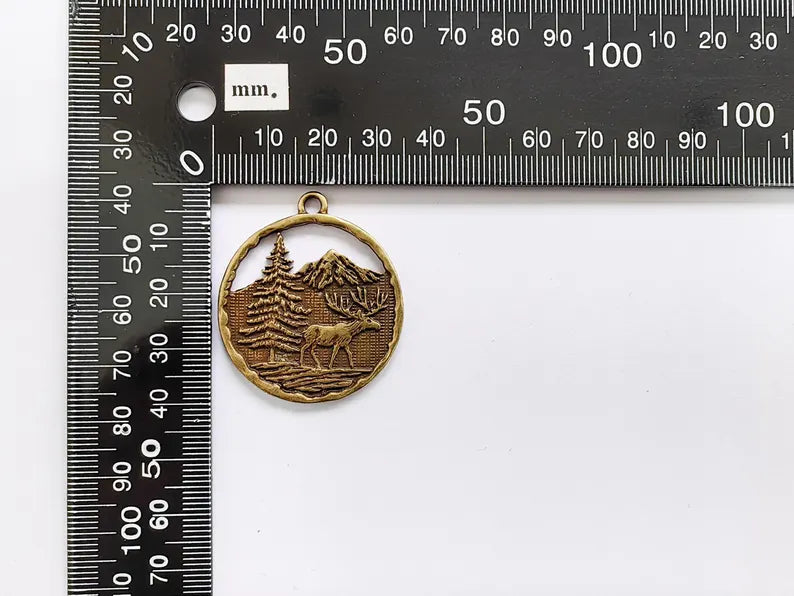 Elk Pendant, Deer Charms, Moose Forest Wildlife Charm, Mountain Tree, Rustic Boho DIY Craft Supply, Antique Bronze Plated 39x34mm G36980