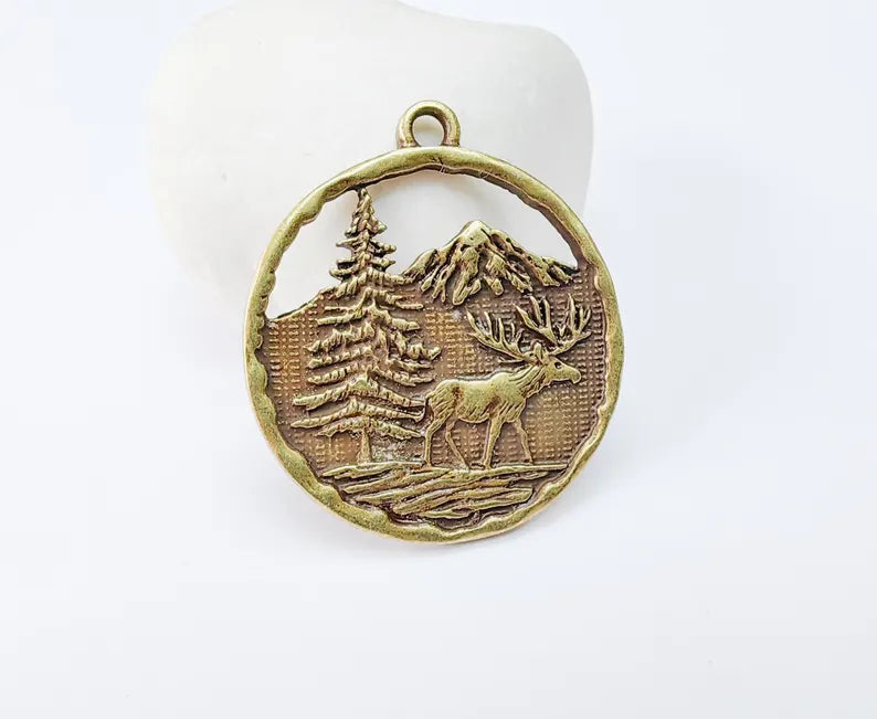 Elk Pendant, Deer Charms, Moose Forest Wildlife Charm, Mountain Tree, Rustic Boho DIY Craft Supply, Antique Bronze Plated 39x34mm G36980