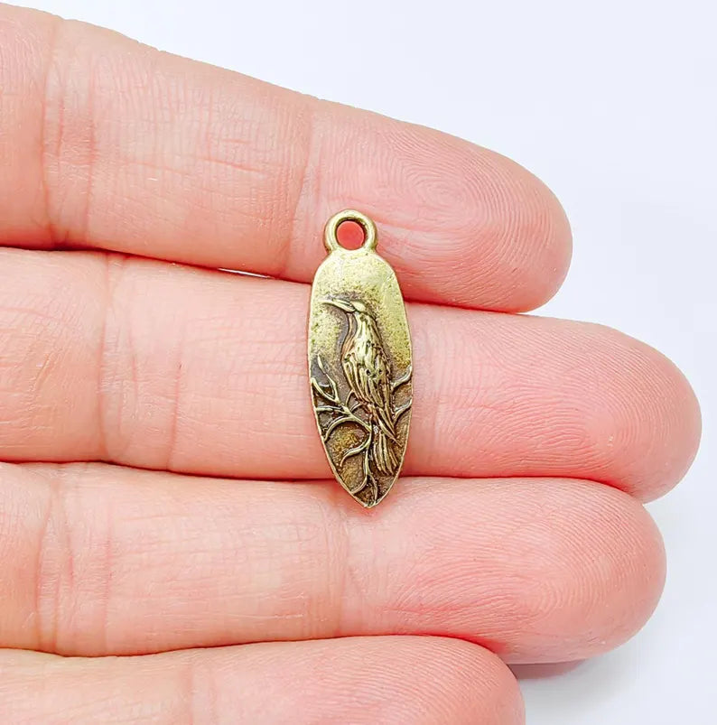 4 Raven Charm Pendant, Gothic Boho Charm, Nature Earring Charm, Mystical Bird, Necklace Parts, Antique Bronze Plated Zamac 26x9mm G36983