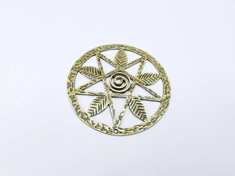 Pentagram Leaf Pendant, Spiral Center Charm, Boho Sacred Geometry Charm, Handmade Craft Supplies, Antique Bronze Plated 68mm G36986