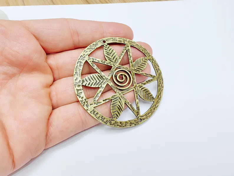 Pentagram Leaf Pendant, Spiral Center Charm, Boho Sacred Geometry Charm, Handmade Craft Supplies, Antique Bronze Plated 68mm G36986