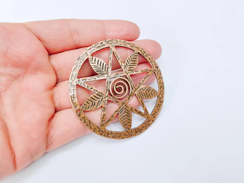 Pentagram Leaf Pendant, Spiral Center Charm, Boho Sacred Geometry Charm, Handmade Craft Supplies, Antique Copper Plated 68mm G36989