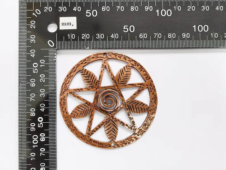 Pentagram Leaf Pendant, Spiral Center Charm, Boho Sacred Geometry Charm, Handmade Craft Supplies, Antique Copper Plated 68mm G36989