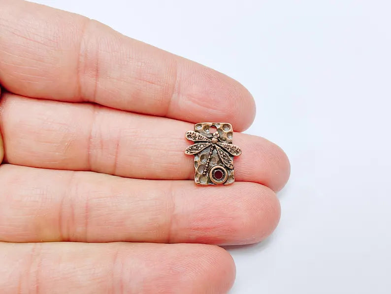 4 Dragonfly Charms, Earring Charms, Bohemian Necklace Parts, Dragonfly Pendant with Textured Design, Antique Copper Plated 16x15mm G36990