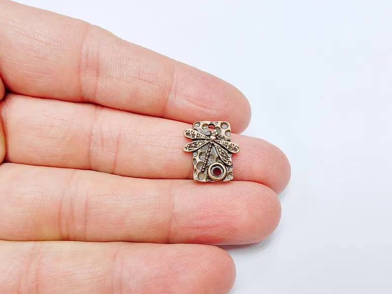 4 Dragonfly Charms, Earring Charms, Bohemian Necklace Parts, Dragonfly Pendant with Textured Design, Antique Copper Plated 16x15mm G36990