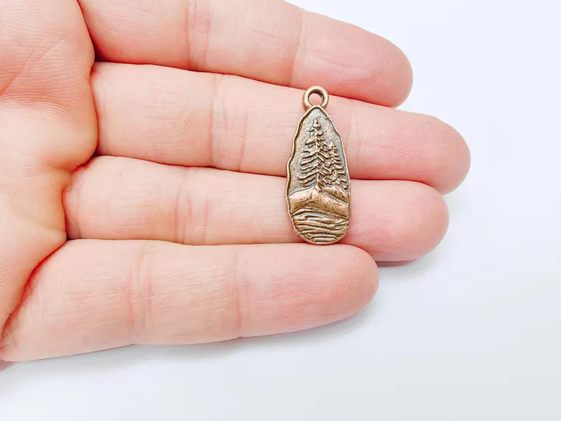 Pine Tree Rocky, Mountain Charms, Forest Landscape Pendant, Nature Pendant Boho Earring Charms, Antique Copper Plated 31x12mm G36995