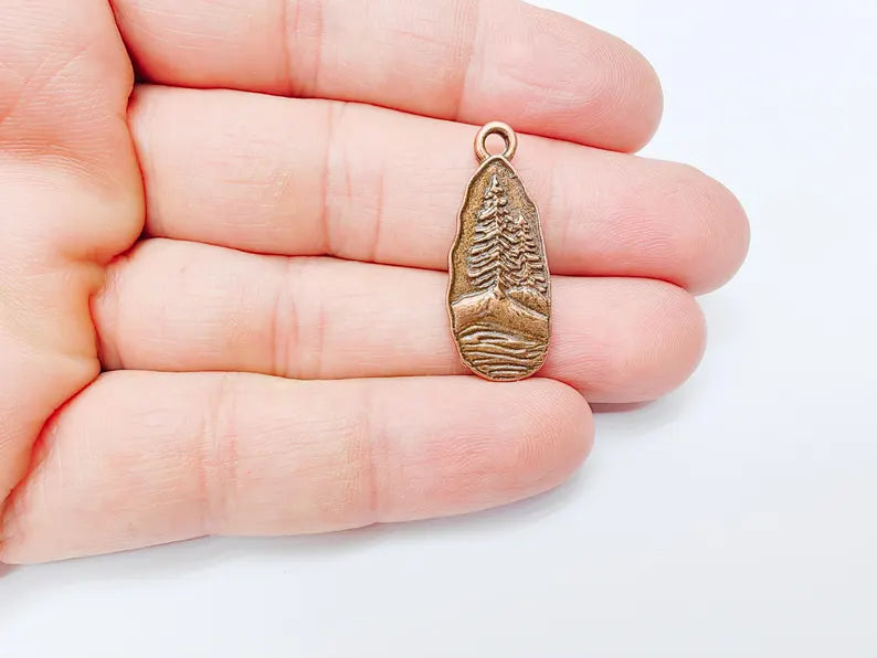 Pine Tree Rocky, Mountain Charms, Forest Landscape Pendant, Nature Pendant Boho Earring Charms, Antique Copper Plated 31x12mm G36995