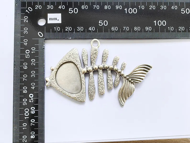 Fish Skeleton Pendant, Fishbone Pendant, Large Nautical Charm, Ocean Themed Statement Pendant, Antique Silver Plated 91x54mm G36999