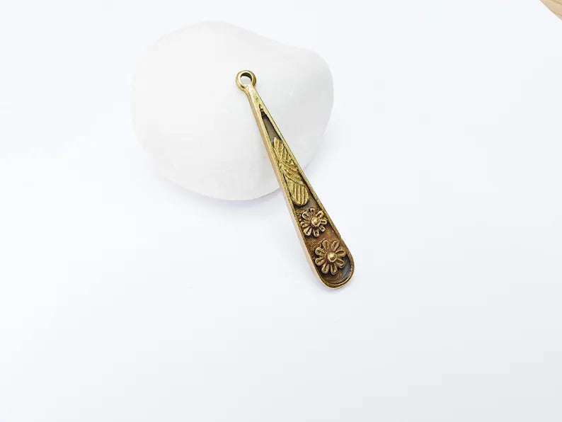 2 Flower Charms, Earring Charms, Bohemian Necklace Parts, Floral Charm for Nature Inspired Jewelry, Antique BronzePlated Zamac 51x9mm G37001