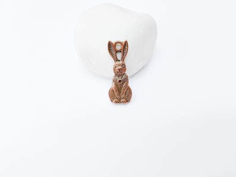 2 Rabbit Charm, Woodland Bunny Pendant, Earring Charms, Animal Jewelry Findings, Boho DIY Charm, Antique Copper Plated Zamac 33x13mm G37003
